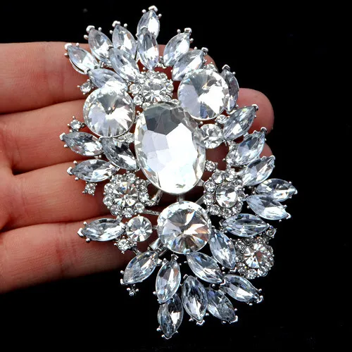 Fashion-Large Top Quality Flower Brooch New Arrival! Silver Tone Luxury Huge Crystal Rhinestone Wedding Bouquet Brooches