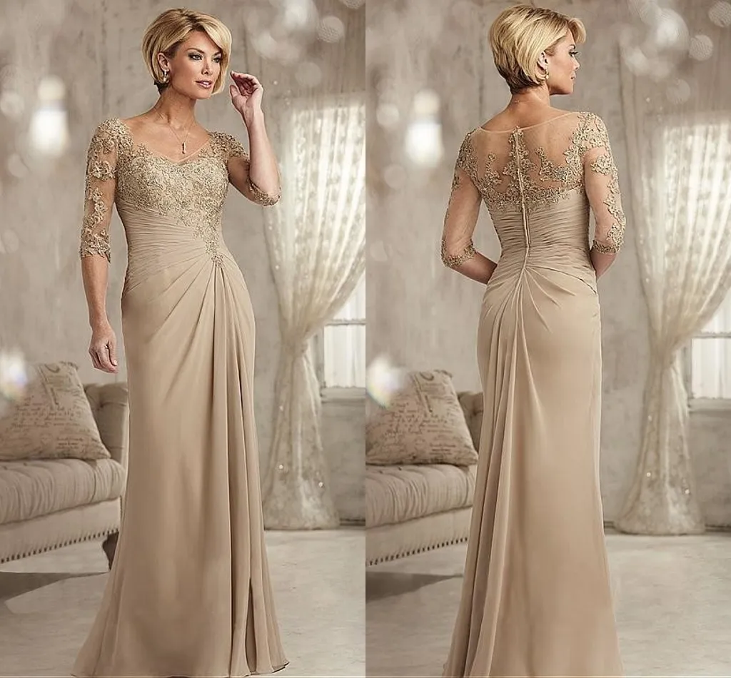 Champagne Mother of The Bride Dresses Plus Size 2023 Chiffon Half Sleeves Groom Godmother Evening Dress For Wedding New Beaded Lace