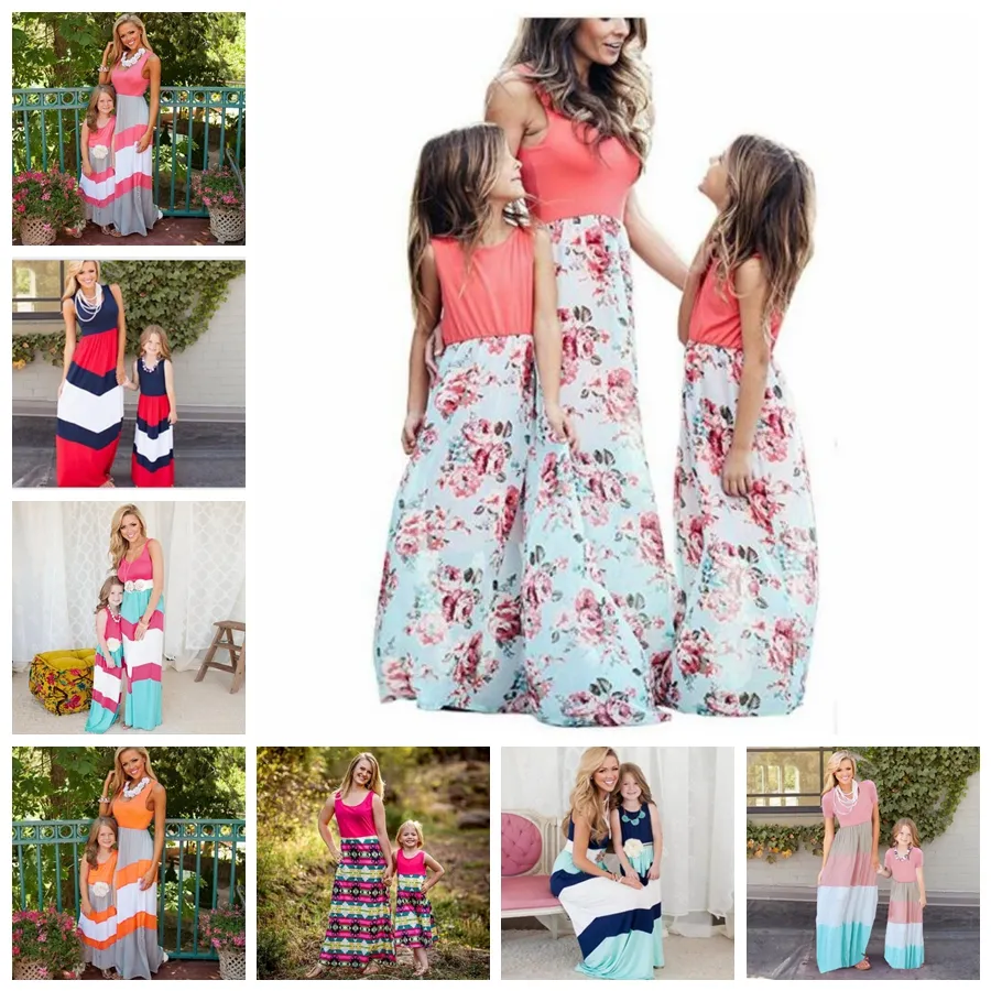 Eltern-Kind-ärmelloses langes Kleid 24 Stile Mutter Tochter gestreiftes Blumen-Strand-Maxikleid Weste Patchwork-Kleid passende Outfits OOA6656