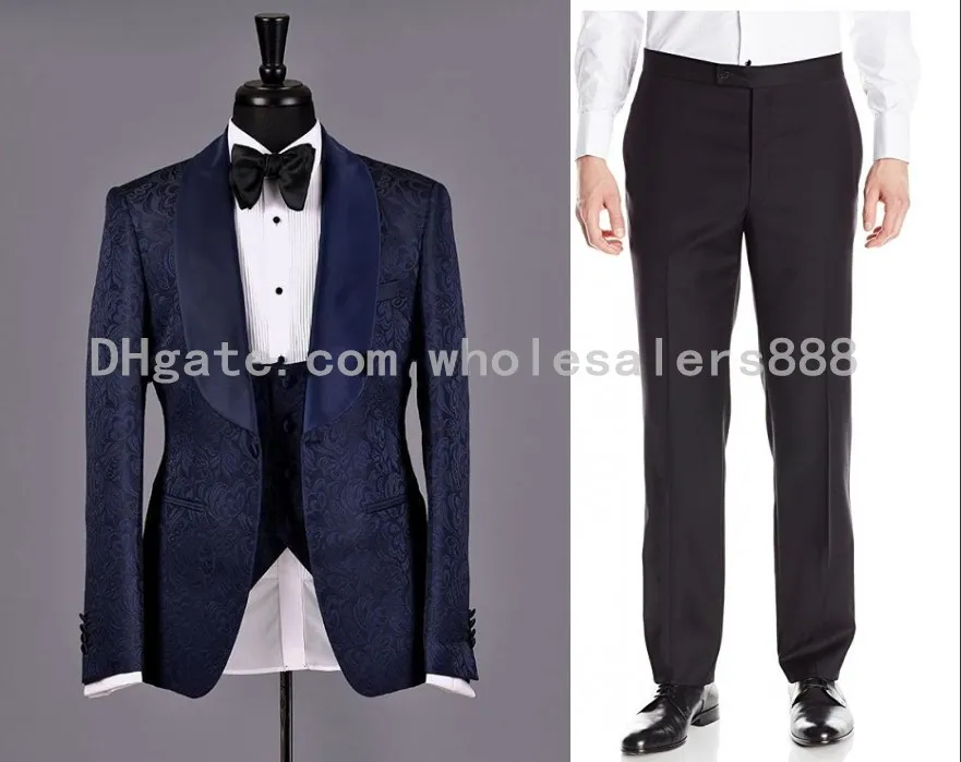 Custom Made Mężczyźni Garnitury Navy Blue Wzór Groom Tuxedos Szal Satin Lapel Groomsmen Ślub Best Man (Kurtka + spodnie + kamizelka + muszka) L388