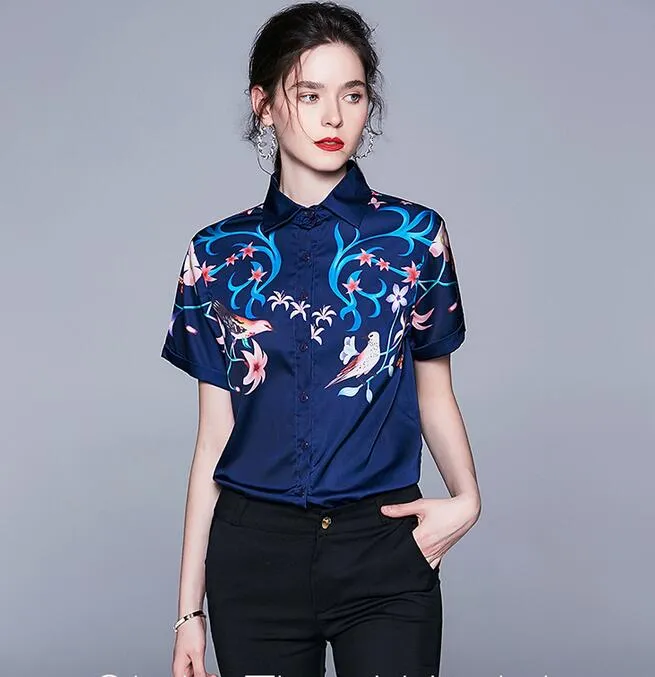 Nova listagem pássaro Flora impresso manga curta azul marinho mulheres blusas primavera moda verão senhoras camisas