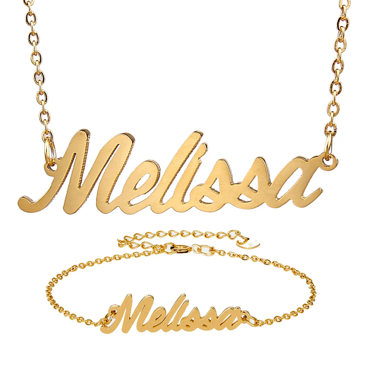 Set di braccialetti con collana e nome in acciaio inossidabile alla moda per donna Melissa "Script Letter Collana girocollo in oro Collane con ciondolo Targhetta regalo