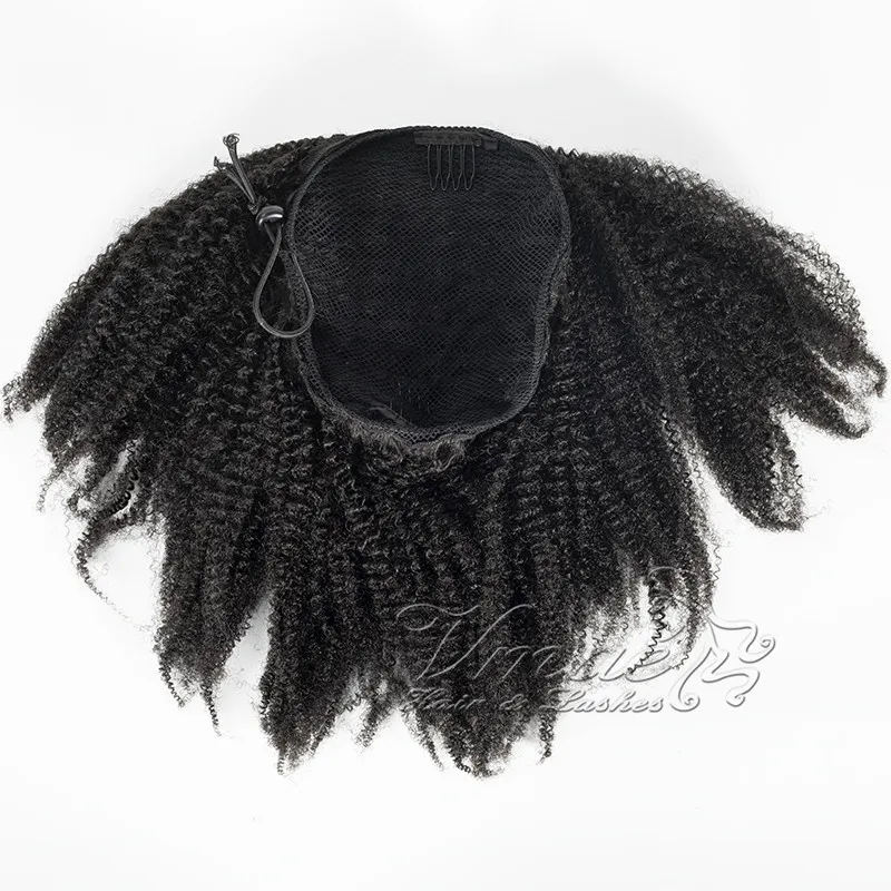 Brasileño Natural Negro Rizado 4C 120g Cola de caballo Cutícula Alineada Banda elástica Cordón Cola de caballo Extensión del cabello humano virgen