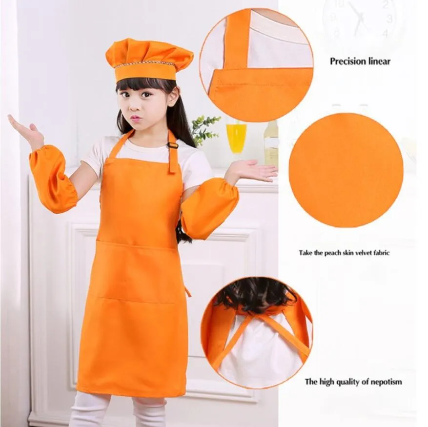 =Apron + hat + sleeve Kids Aprons Pocket Craft Cooking Baking Art Painting Kids Kitchen Dining Bib Children Aprons Kids Aprons 