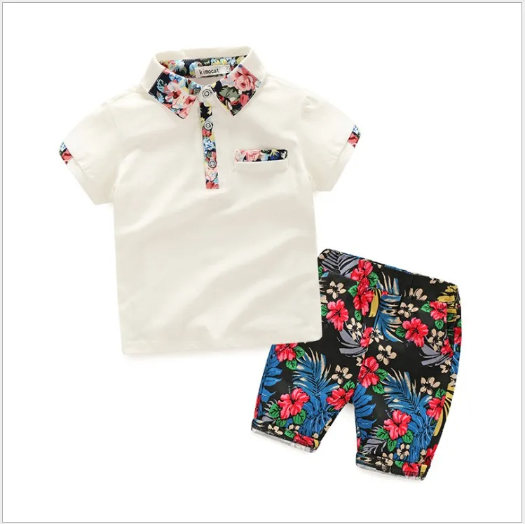2022 Nya Sommarpojkar Gentleman Sätter Barn Kortärmad T-shirt + Floral Shorts 2PCS Set Boy Suit Kids Outfits 100-110-120-130-140cm
