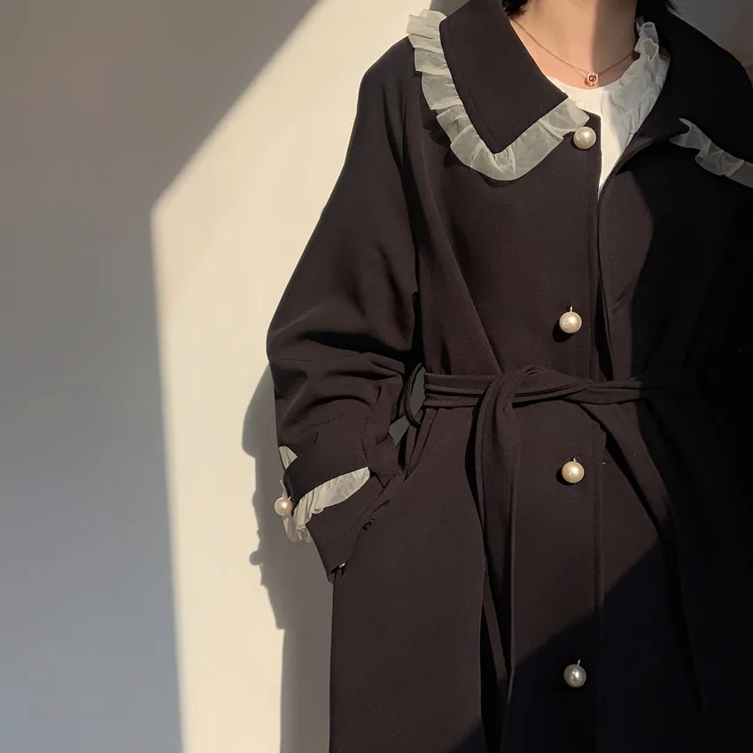 Vintage Long Black Trenches Kvinnor 2019 Höst Högkvalitativ spets Patchwork Trench Coats Girls Studenter Chic Trenches Knä längd