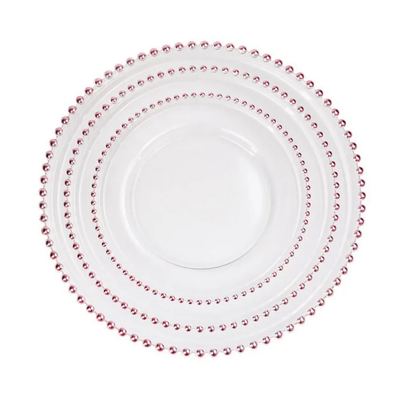 Piatto di caricabatterie in vetro con bordo in perline d'argento oro decorativo 8 10,5 da 12,5 pollici vassoio per la cena rotonda per feste di nozze