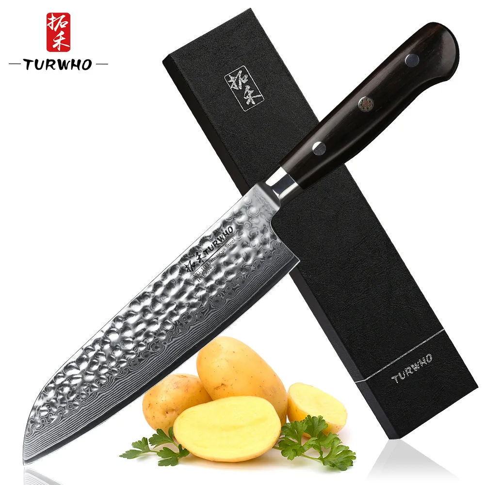 Turwho 7 '' Högkvalitativ Japan Kockkniv VG-10 Damascus Steel Santoku Knife Pro Att hantera köttfrukt Vegetabilisk Kökskniv