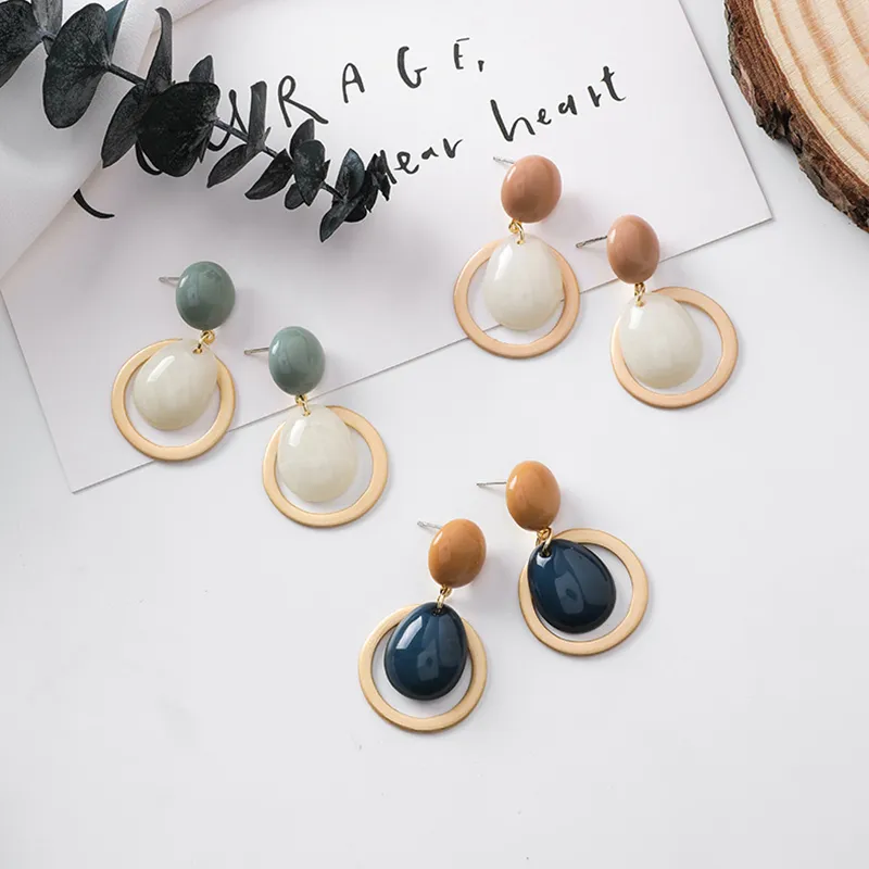 Fashion- Candy Color Smooth Stone Drop Kolczyki Proste Kolczyki Geometryczne Okrągłe Przyciski Przyciski z kamieni bijoux femme 2019