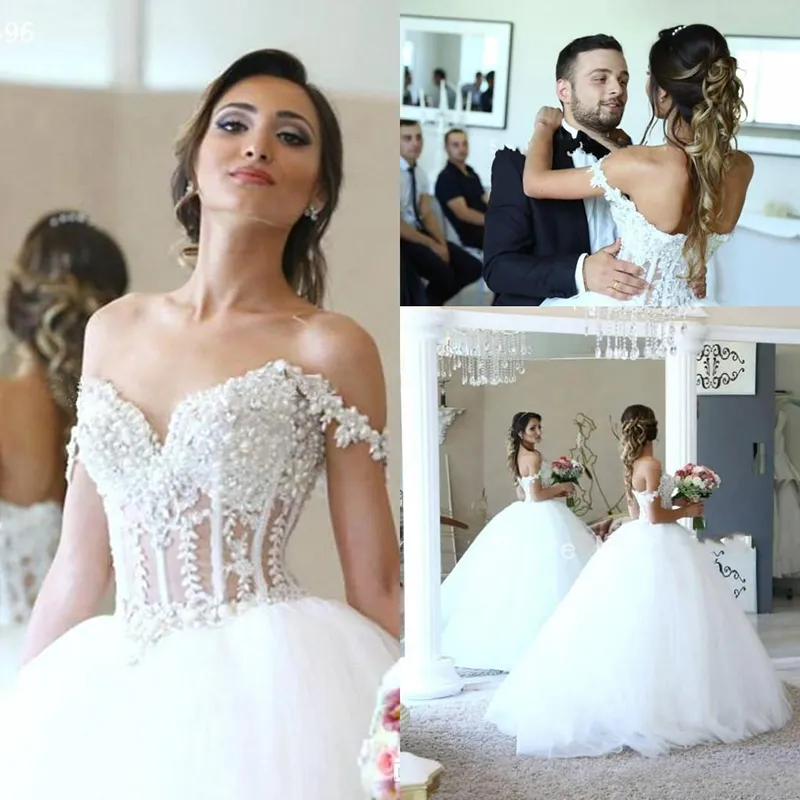 Sexy Pearls Beads Luxury Ball Gown Wedding Dress Off Shoulder Backless Tulle Floor Length Garden Party Gowns Bridal Gown