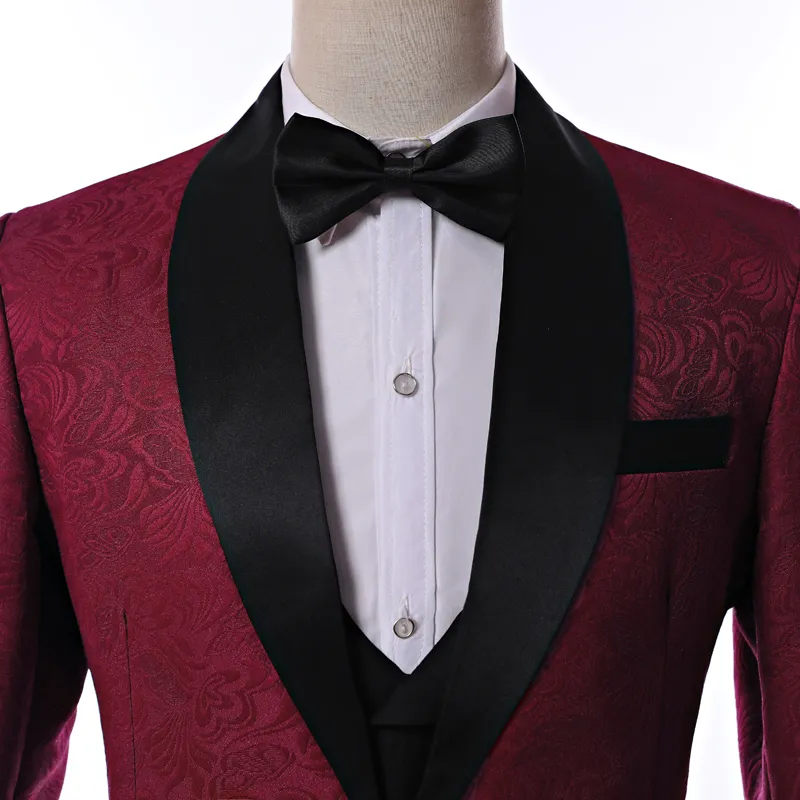 Latest Design Side Vent One Button Burgundy Paisley Shawl Lapel Wedding Groom Tuxedos Men Party Groomsmen Suits Jacket+Pants+Tie K18