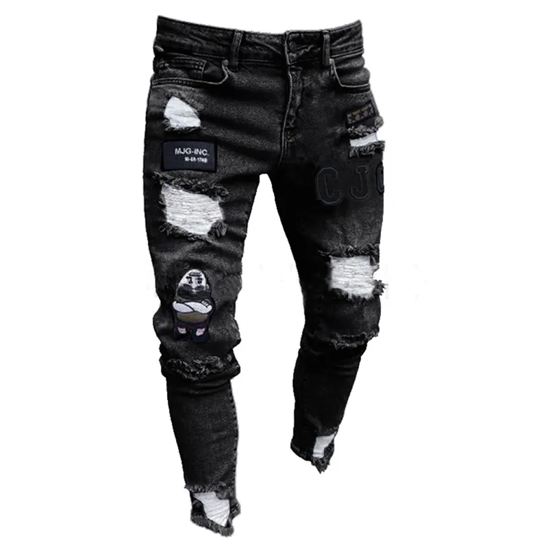 Men's Jeans Men Stretchy Ripped Skinny Biker Embroidery Print Destroyed Hole Taped Slim Fit Denim Scratched