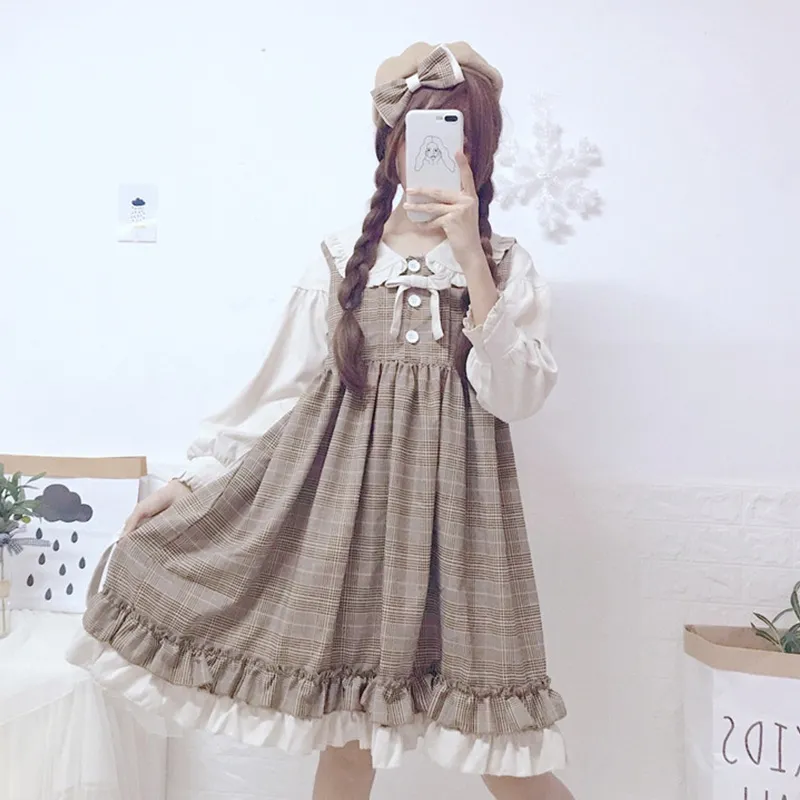 Primavera Mori chica dulce vestido a cuadros mujeres falso dos piezas lazo costura enrejado suave mujer manga larga suelta Lolita vestido K072