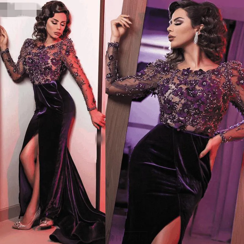 Eleganta kvinnor Aftonklänningar Sheer Crew Mermaid Långärmad Velvet 3D Blommor Beaded Sexig Slit Muslim Formell Klänning Party Gown 2020