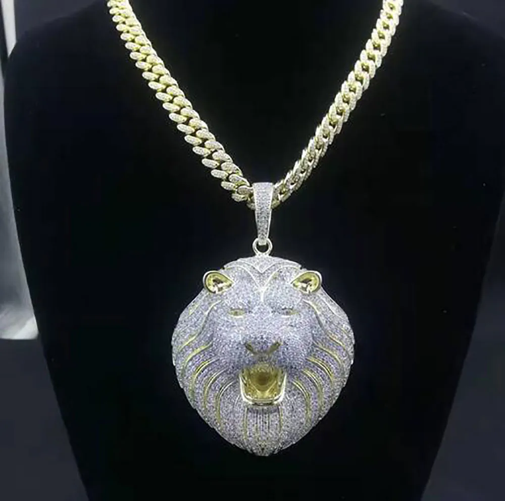 14K Or Iced Out Lion Pendentif Designer De Luxe Collier Hommes Chaîne En Or Pendentifs Diamant Cubain Lien Rappeur Chanteur Bijoux