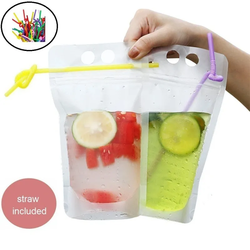 50PCS Disposable 500ml Juice Coffee Liquid Bag Vertical Seal Drink Bag Drink Pouches With Straw Party Household Storage244v