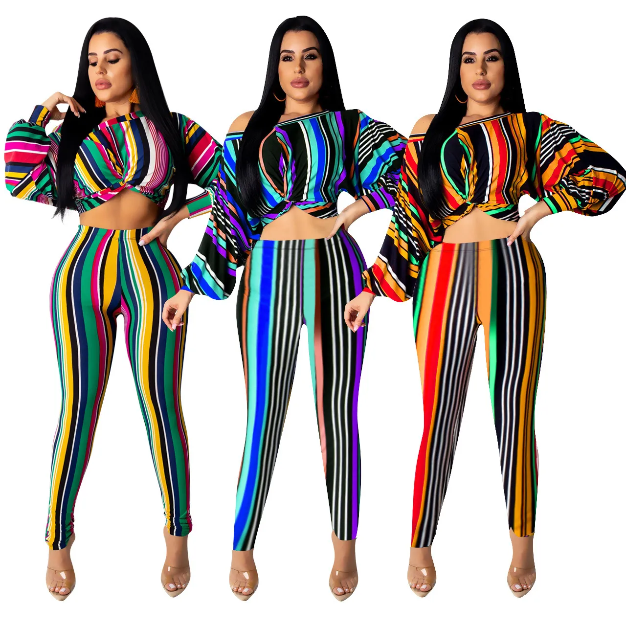 Women Two Piece Outfits Rainbow Pants Set Stripe Print Long Batwing ...