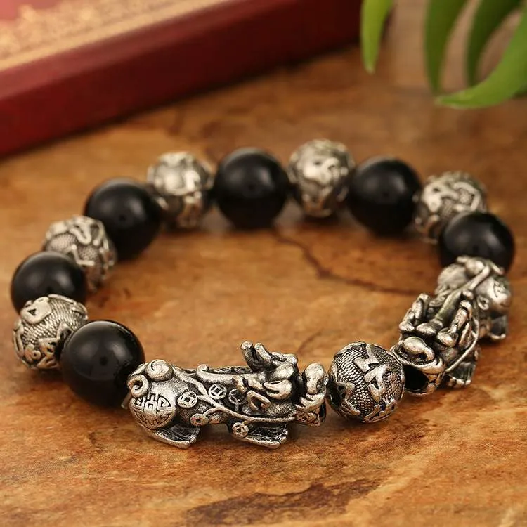 Feng Shui Lucky Plated Antique Silver Double Pixiu Bracelet Nutural Stone Obsidian Beads Bracelet For Men269v