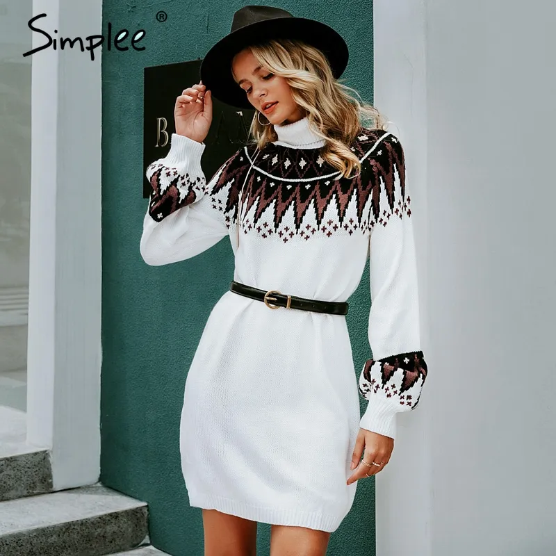 Geometric print knitted dress women Casual turtle neck pullover sweater dress female Autumn winter retro white vestidos