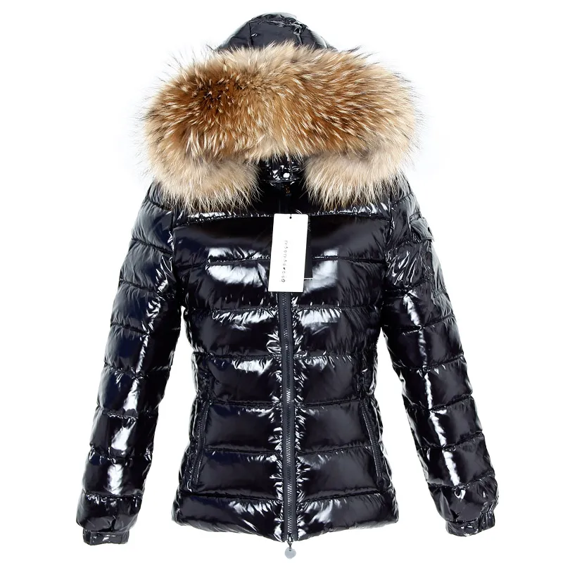 Shiny black jacket with fur sales hood