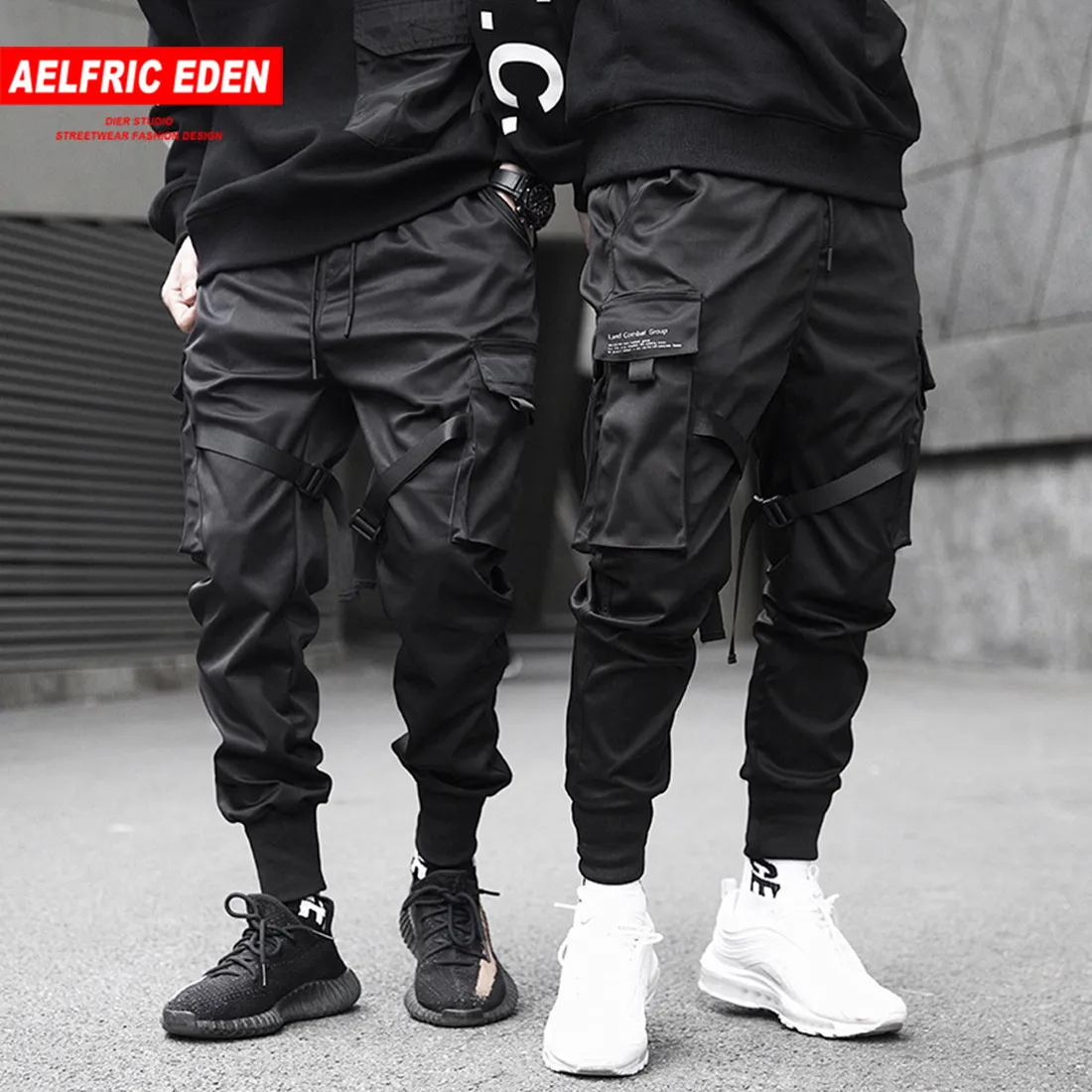 Aelfric Eden 남성 리본 카고 바지 블랙 포켓 캐주얼 Streetwear 2019 하렘 조거 하라주쿠 스웨트 남성 힙합 바지 Y19073001