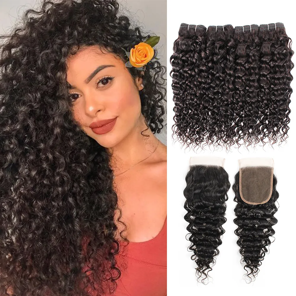 Bundles brésiliens de cheveux bouclés à l'eau avec fermeture Couleur naturelle 4 Bundles avec fermeture à lacet 4x4 10-28 pouces 100% Remy Extensions de cheveux humains