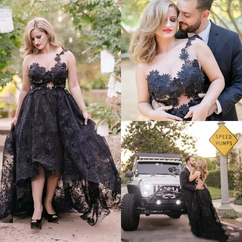 Vestidos de noiva gótico Black Lace Plus Size apliques vestidos de noiva alta Low Country Vestido Backless Vestidos De Noiva Maternidade personalizado