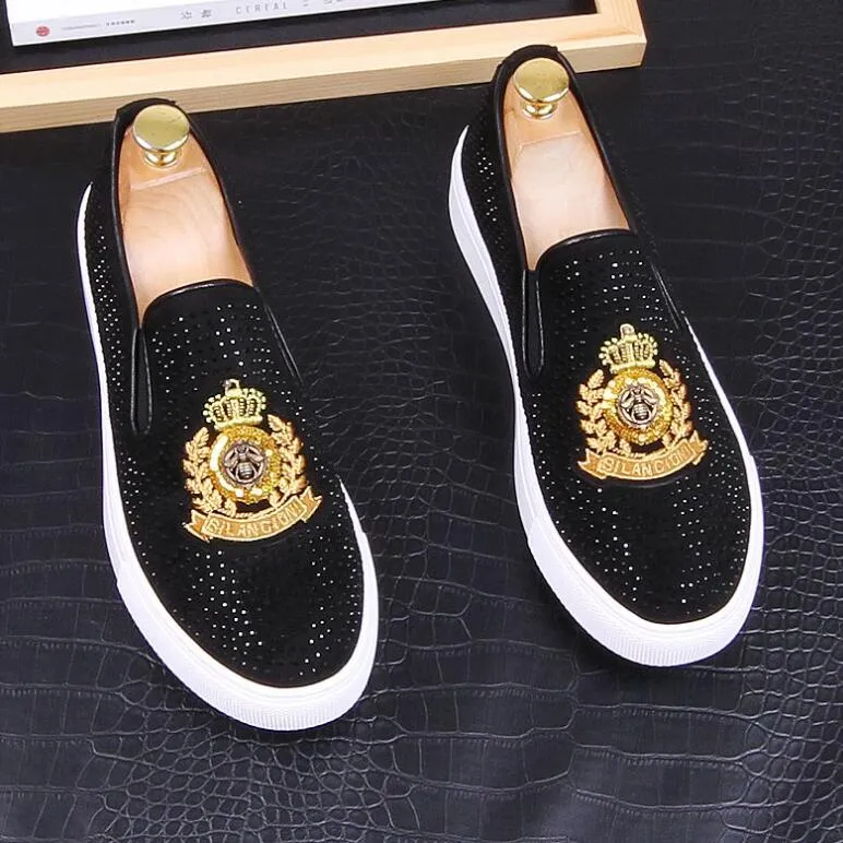 2020 New luxury Dandelion Spikes Flat Leather Shoes Rhinestone Fashion Men embroidery Loafer Dress Shoes Smoking Slipper Casual shoe