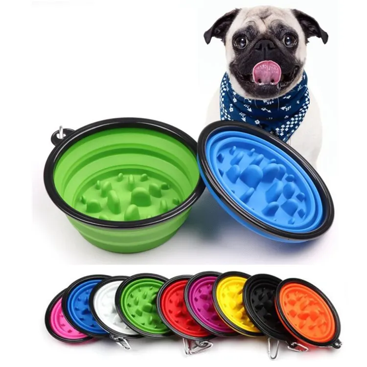 Inklapbare Hond Kat Voedende Kom Slow Food Bowl Water Dish Feeder Siliconen Opvouwbare Choke Bowls voor Outdoor Reizen 9 kleuren om uit te kiezen