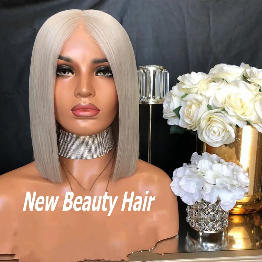 Short Lace Front Wigs: Chic Grey Bob Wig With Deep Middle  display picture 2