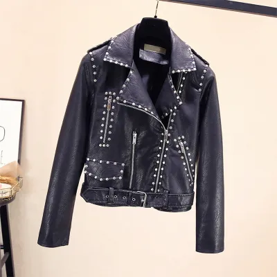 Nouvelle mode femmes à manches longues col rabattu en cuir PU cool punk rivets patchwork plus la taille veste manteau casacos S M L XL