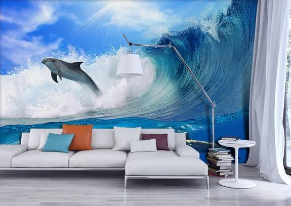 Wave Sea Sea Dolphin Natural Paysage Fond Mur Fond d'écran pour murs 3 D pour salon