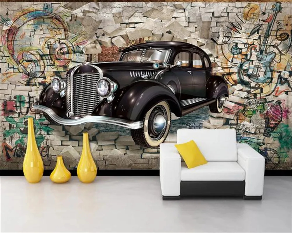 Foto Personalizado 3d Wallpaper Retro Vintage Car Através do fundo da parede 3D Restaurante Bar Mural Papel de parede decorativo