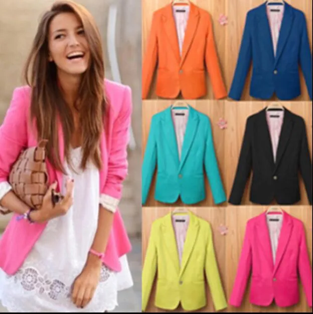 Best quality free shipping women new fashion 6 colors plus size candy color one button blazer suit jacket autumn jackets coats suits blazers