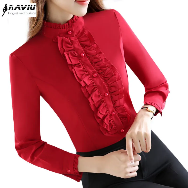 Oto o Formal de manga larga para mujer Camisa roja Ol Nuevo elegante Stand Color Rufflus Blusa de gasa Oficina Damas Tallas grandes Tops Blanco