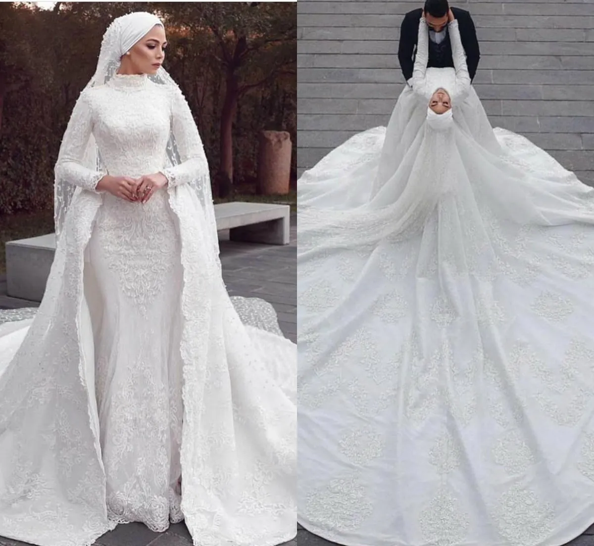2020 sirena con strascico staccabile abito da sposa applique strascico abito da sposa collo alto manica lunga su misura abiti da sposa