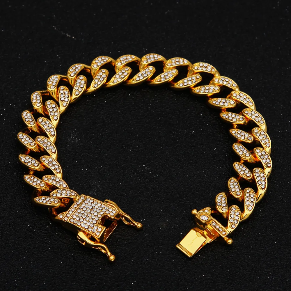 13mm  Cuban Link Chain Gold Silver Necklace Bracelet Set Iced Out Crystal Rhinestone Bling Hip hop for Men
