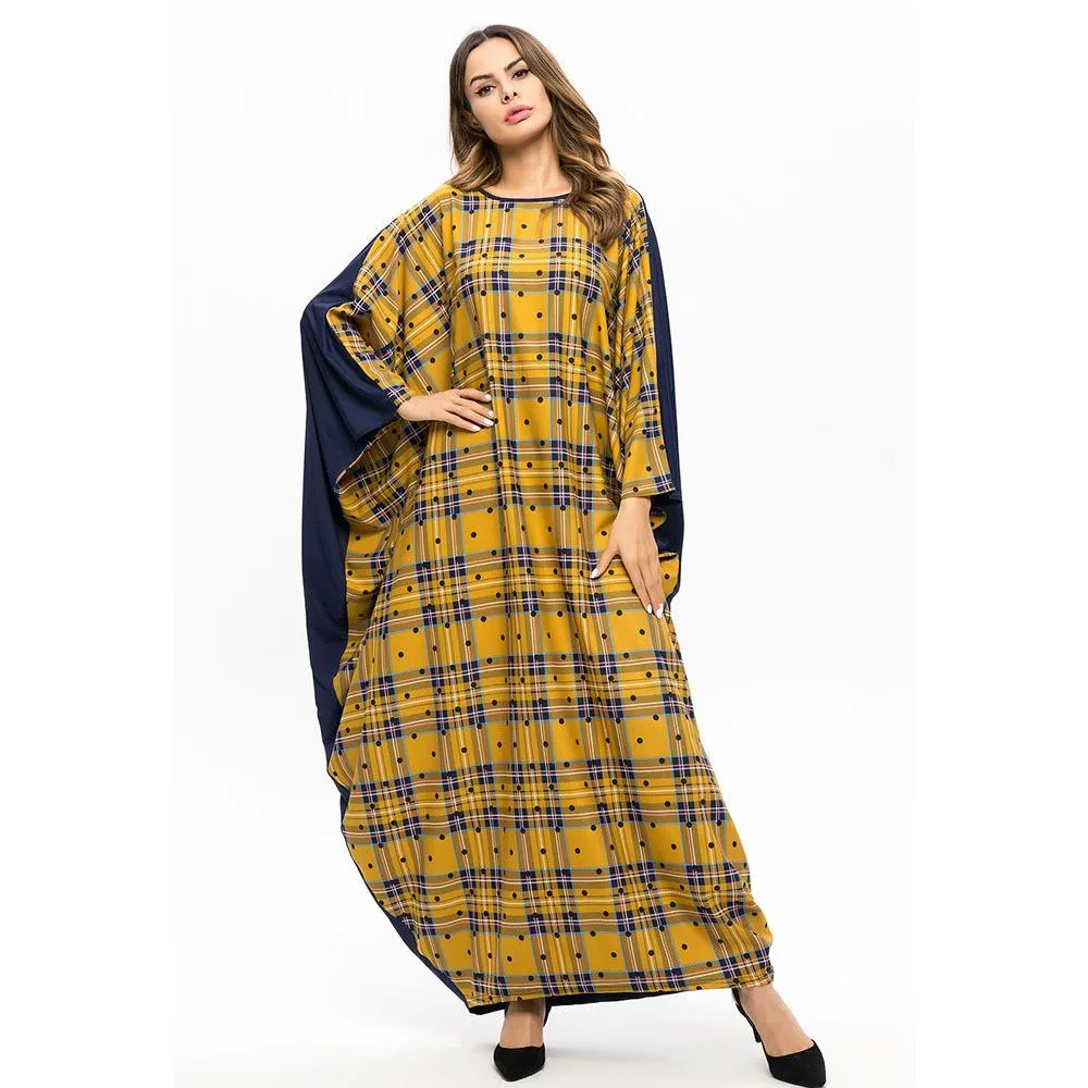 Ramadan Muslim Abaya Plaid Patch Design Bat-wing Sleeve Robe Islam Dubai Clothing Arab Moroccan Kaftan Plus Size Caftan7485
