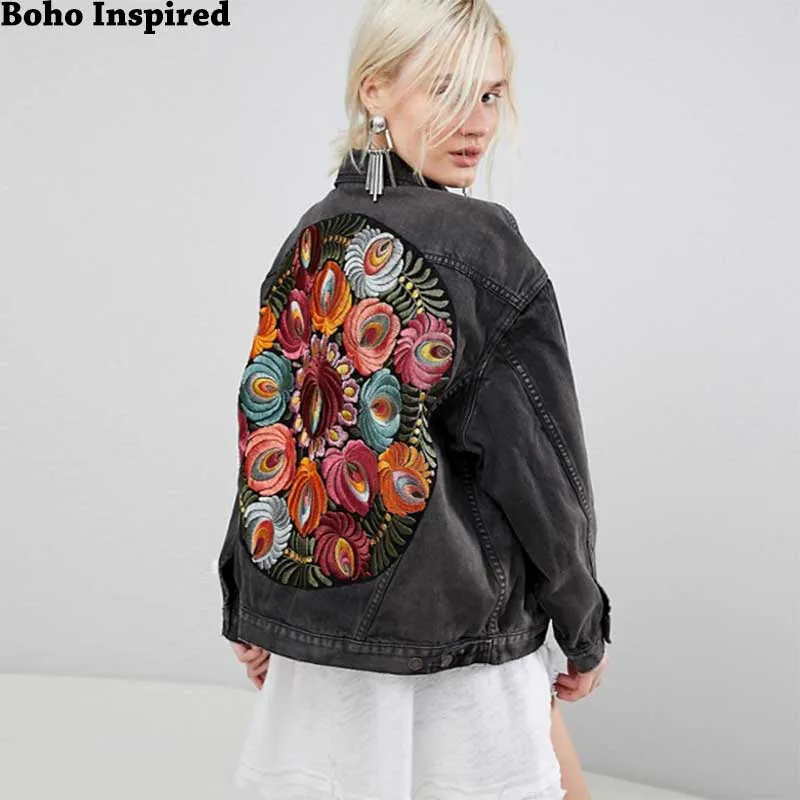 Boho inspirado enorme multi floral bordado jaqueta de denim longa manga longa casual casaco casaco mulheres 2019 novo casaco de inverno