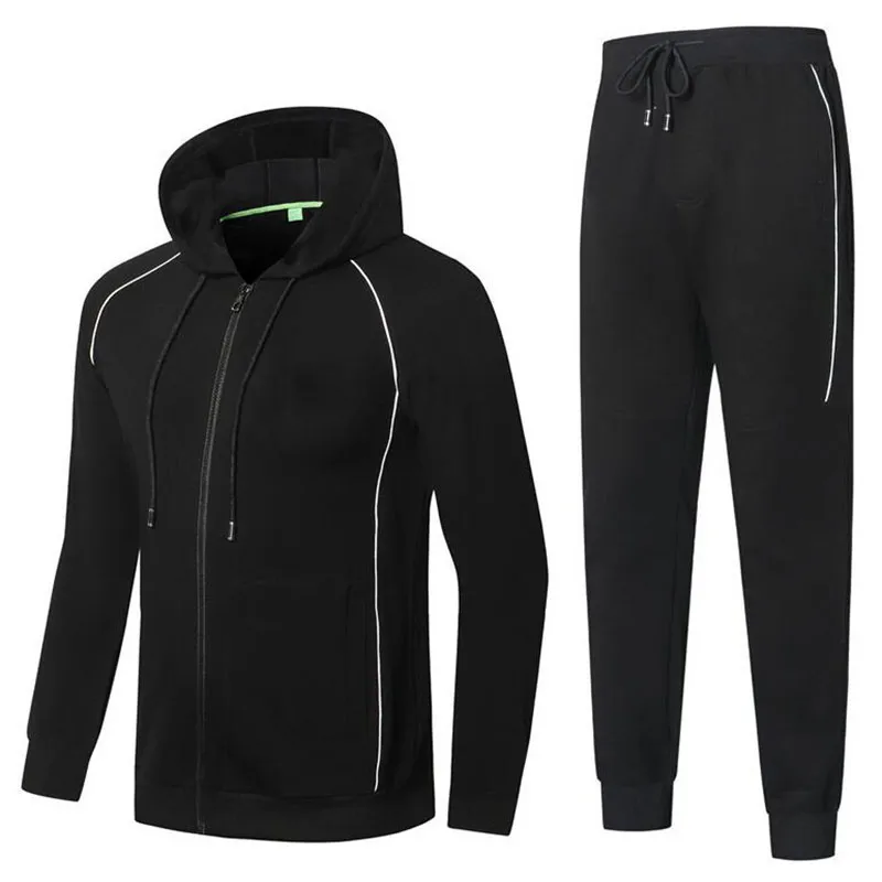 Hot Sale Treino Homens Two Set Pieces Moda Mens Sportswear Masculino jaqueta com capuz e calças Sweatsuit Roupa Preto Marinho Cinzento