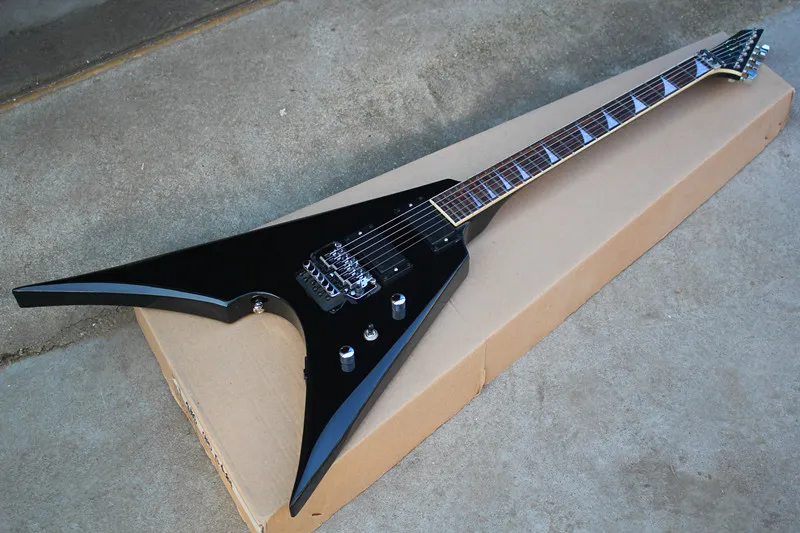 Elegante chitarra elettrica volante, corpo nero e hardware nero, tasti speciali intarsiati, pickup Floyd Rose e HH, personalizzabili