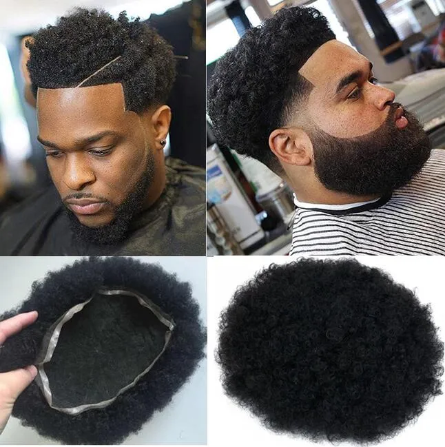 Postiches pour hommes Afro Curl cheveux humains pleine dentelle toupet couleur noir de jais # 1 cheveux vierges péruviens hommes remplacement de cheveux toupet pour hommes noirs