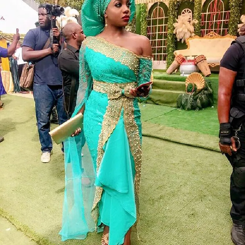Custom Made Turquoise Gold Lace Beaded Prom Maxi Green Prom Dress
