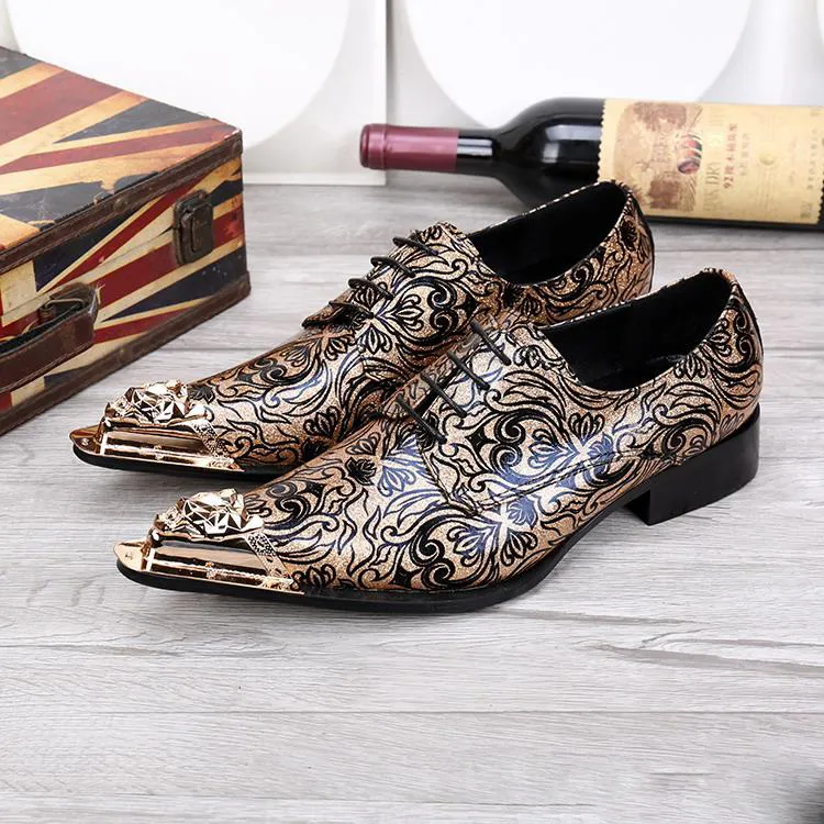 Nouveauté hommes chaussures habillées mode métal charme orteil vieilli impression chaussures pour hommes laçage en cuir chaussures taille 6.5-12