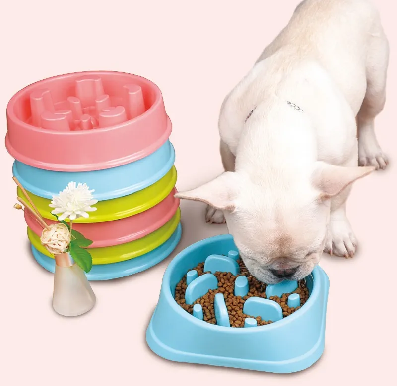 Plastic Pet Feeder Anti Choke Dog Bowl Puppy Cat Slow Down Eatting Feeder Healthy Diet Dish Jungle Design Pink Blue Green