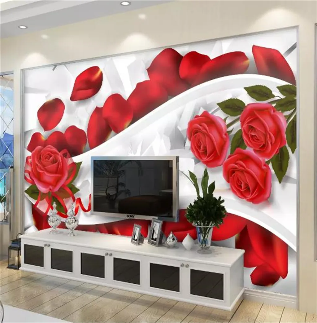 Custom 3D Flower Bakgrund Romantisk Röd Rose Petal Living Room Bedroom Inredning Hem Inredning Målning Moderna Väggmålningar