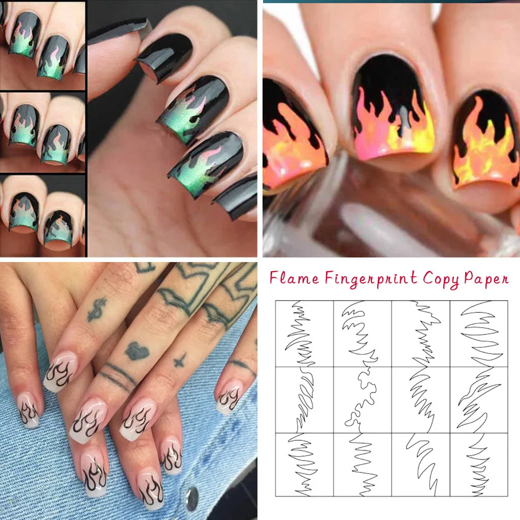Holographic Laser Fire Flame Nail Sticker Vinyls Stencil Hollow