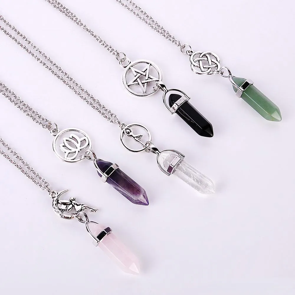 Neue sechseckige Prisma Quarz Naturstein Anhänger Halskette Stern Lotus Engel Kristall Heilung Punkt Chakra Charme lange Kette für Frauen Schmuck