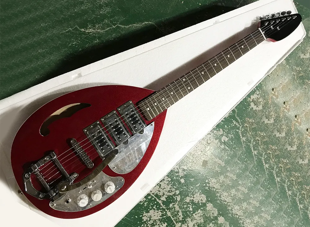 Gratis frakt Metallisk röd semi ihålig elektrisk gitarr med tremolo bar, rosewood fretboard, spegel pickguard, kan anpassas