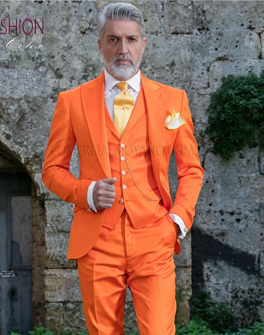 Fashion Orange Groom Tuxedos Peak Lapel Groomsmen Mens Wedding Dress Excellent Man Jacket Blazer 3 Piece Suit(Jacket+Pants+Vest+Tie) 952